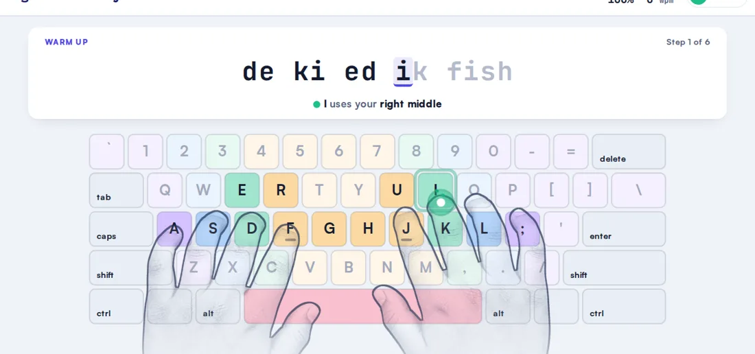 A lesson screen with guide hands over the keyboard showing which finger to use